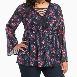 Torrid Floral Print Chiffon Lace Up Top Plus Sise